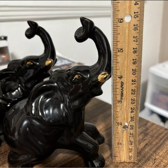 Vintage Ceramic Elephants (2) Black 1960 Gold Trunk Up Home Decor - Picture 8 of 9